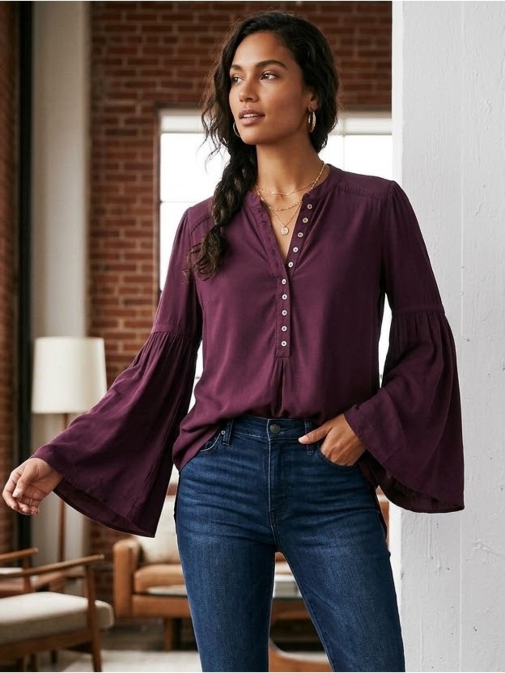 Free People Bell Sleeve Henley Blouse in Plum